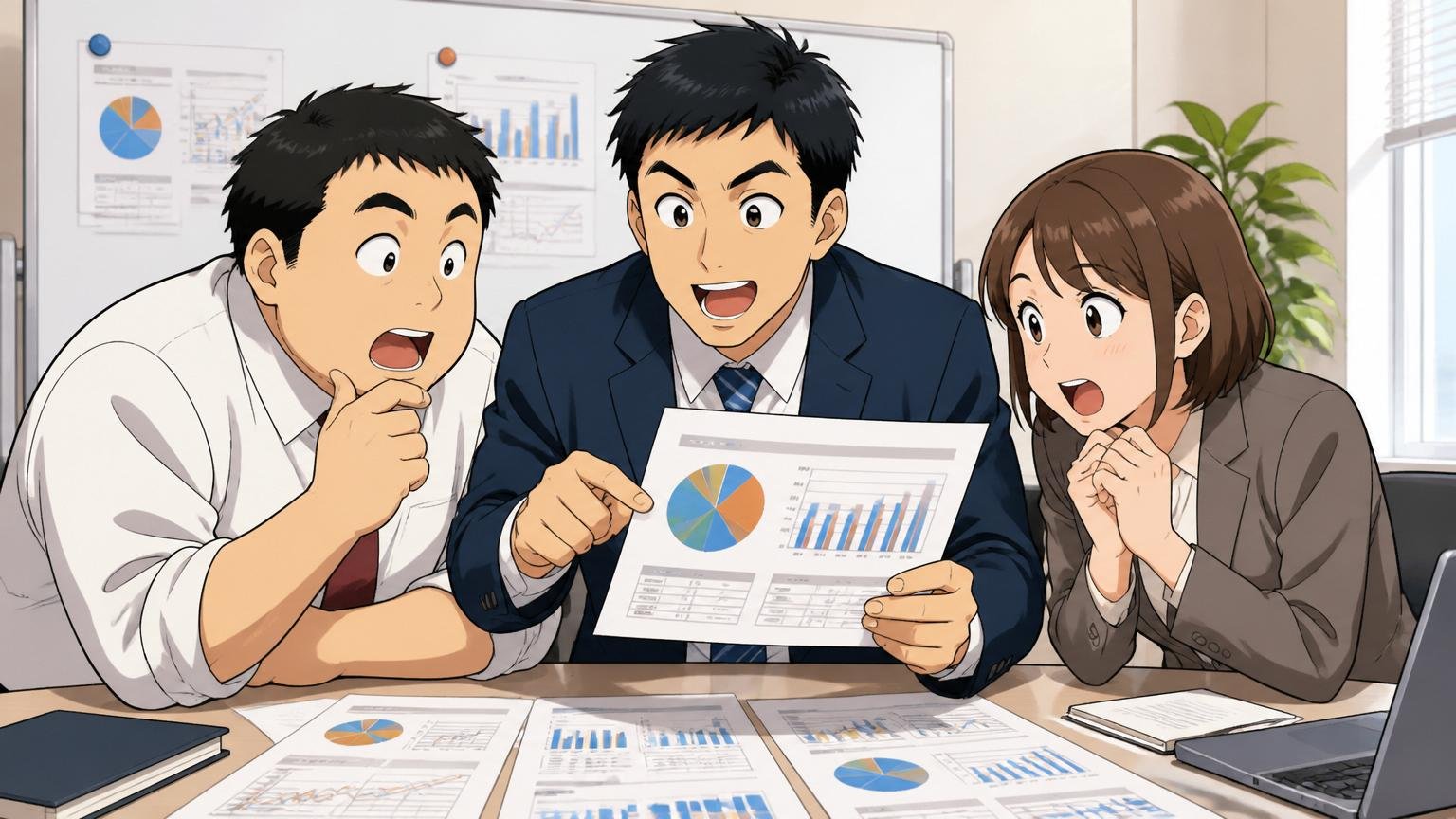 企業の会議室で資料を眺めて基本データを共有する3人のビジネスパーソン