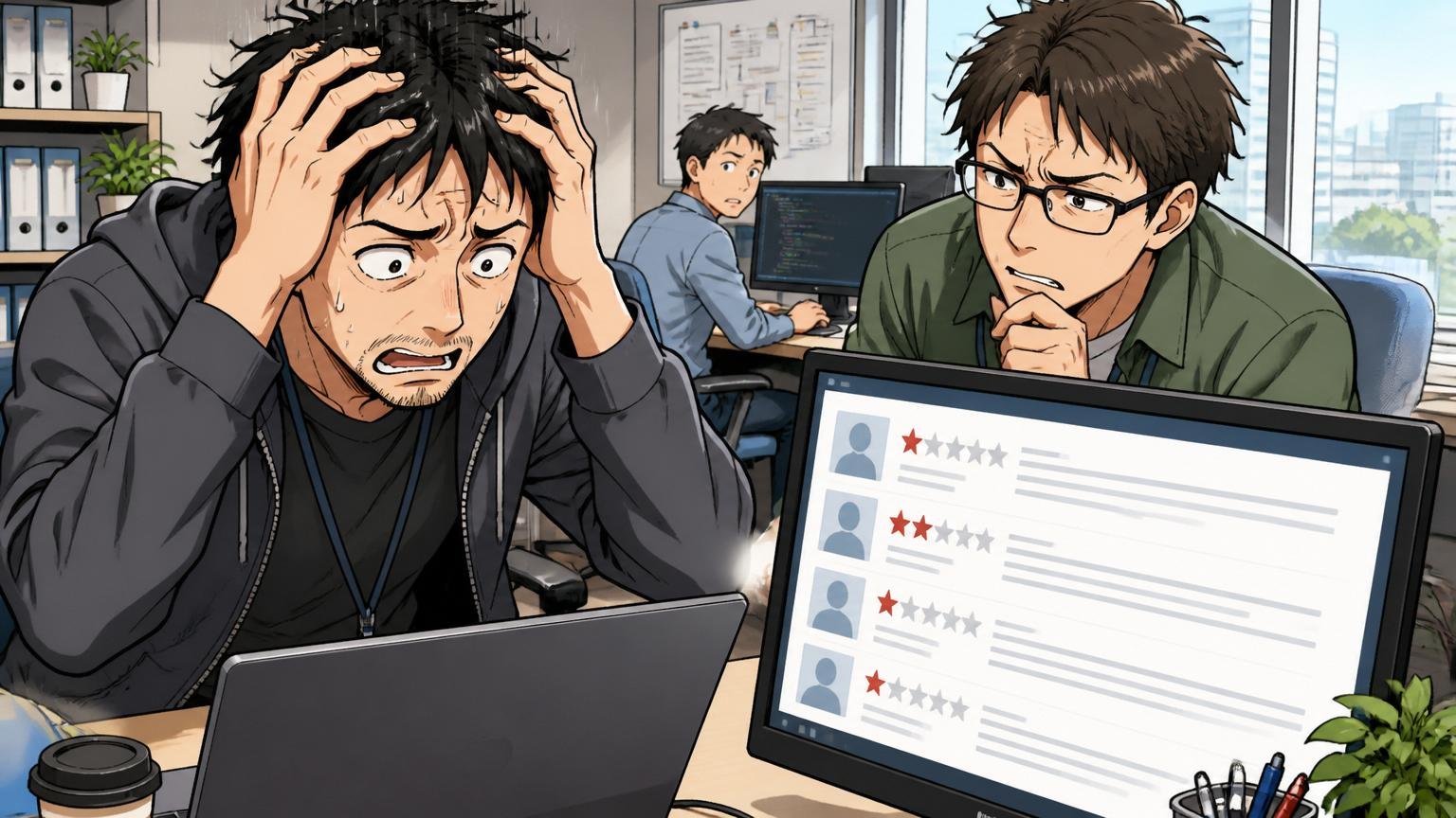 ネガティブな「やばい」の中身。中野区のオフィスで頭を抱える30代男性エンジニアと、PC画面の口コミを見て眉をひそめる同僚