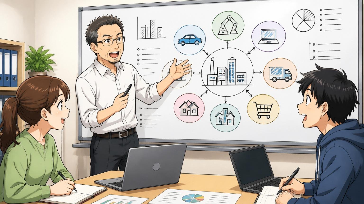 会議室のホワイトボードに業界カテゴリ図を描き解説するベテラン男性と、メモを取る30代女性と20代男性のエンジニア3名