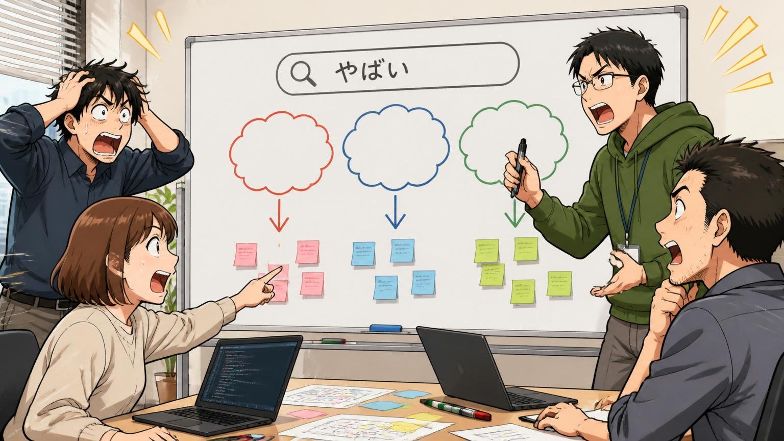 「やばい」と検索する3つの動機をホワイトボードに書き分けるSIerの会議室で4人のエンジニアが議論している