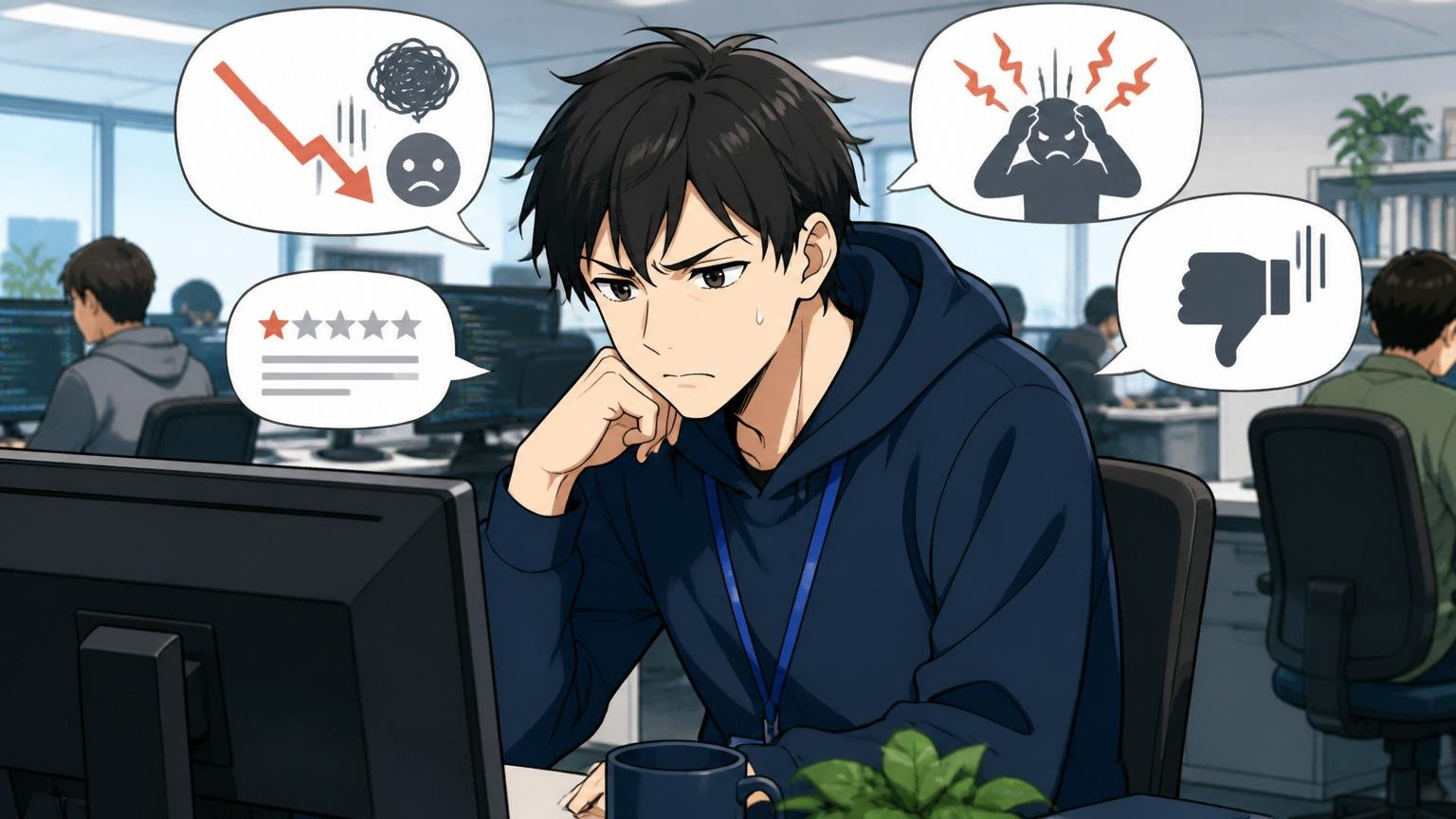 ブラックや損への不安、IT企業のオフィスでPC画面の悪い評判を見て眉をひそめる20代男性エンジニア1人
