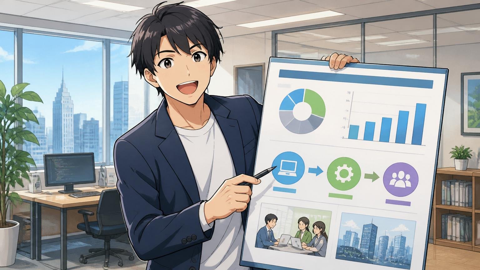 エヌアイシィ株式会社とはどんな会社か。新宿のIT企業オフィスで会社資料を指し示す男性社員1人が説明