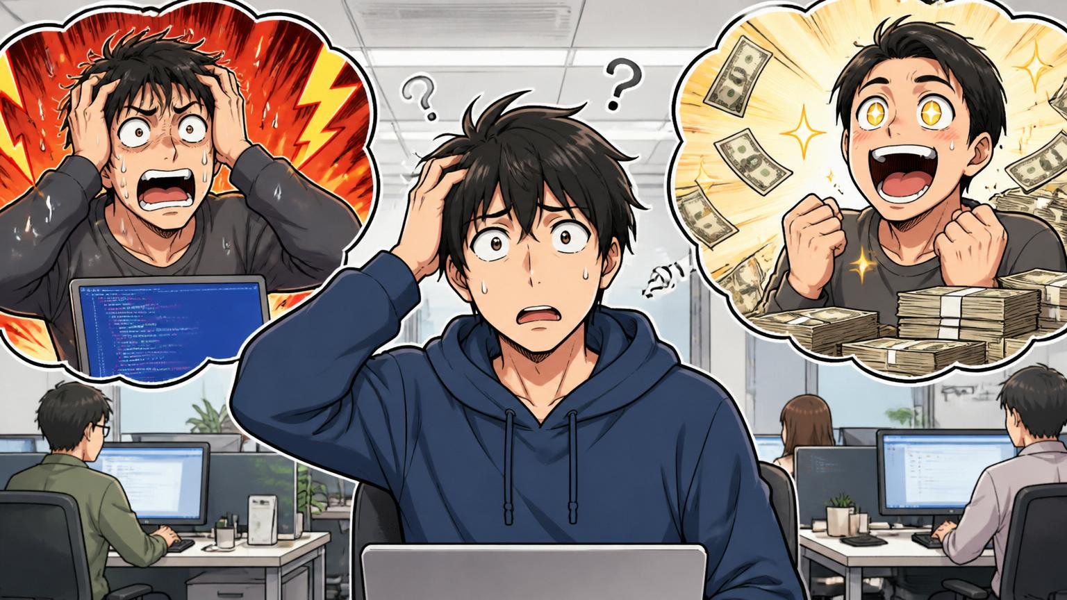 やばいには2つの意味、IT企業のオフィスで2つの吹き出しに挟まれ戸惑う20代男性エンジニア