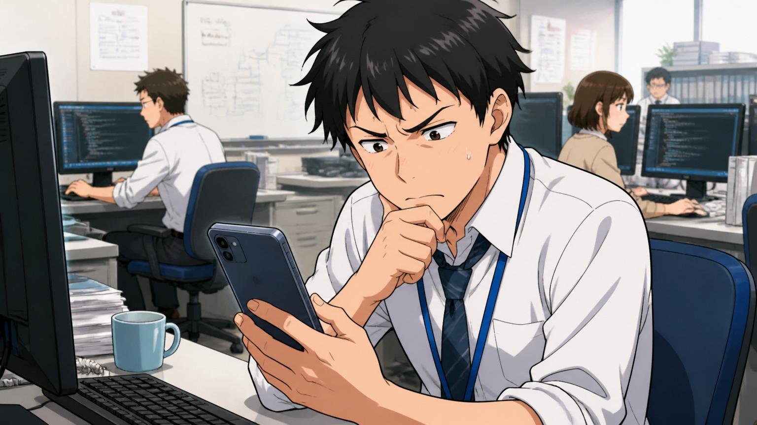 「やばい」の二義性を整理する。SIerの保守運用オフィスで20代男性社員が1人スマホの口コミを見て眉をひそめる