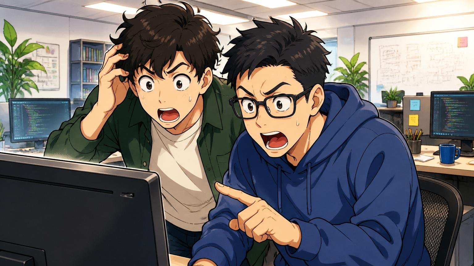 Web系スタートアップのオフィスで二人の男性エンジニアが画面を覗き込み驚く表情