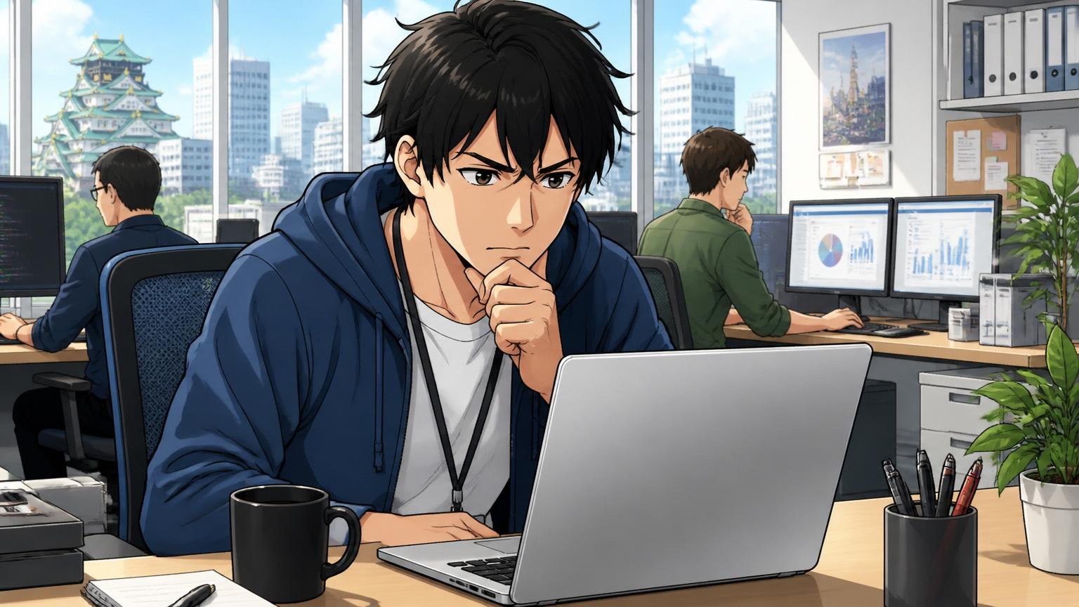 会社概要を確認するエンジニア。大阪のIT企業のオフィスで男性社員1人がPCで企業情報を真剣に見比べている
