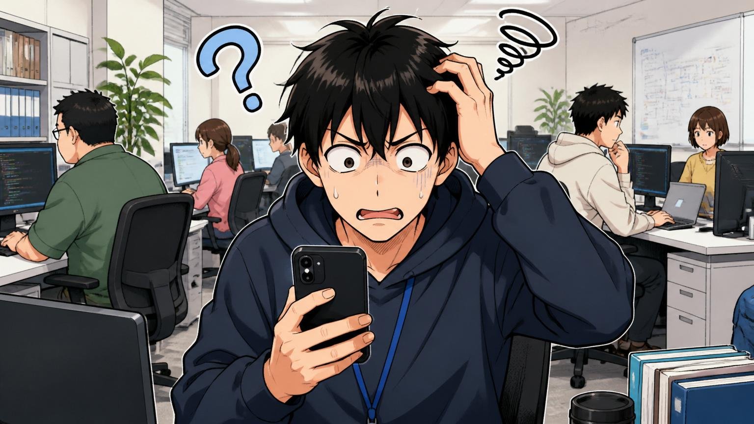 「やばい」の2つの意味に戸惑う若手エンジニア|IT企業のオフィスで男性1人がスマホを見て困惑する表情