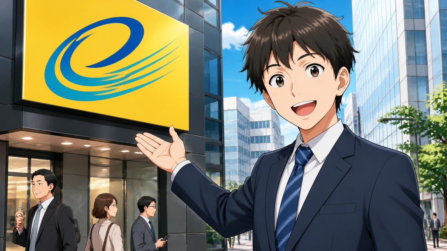 オプテージはどんな会社か|大阪のオフィス街のeo光の看板前|通信会社の社員1人|笑顔で会社を紹介