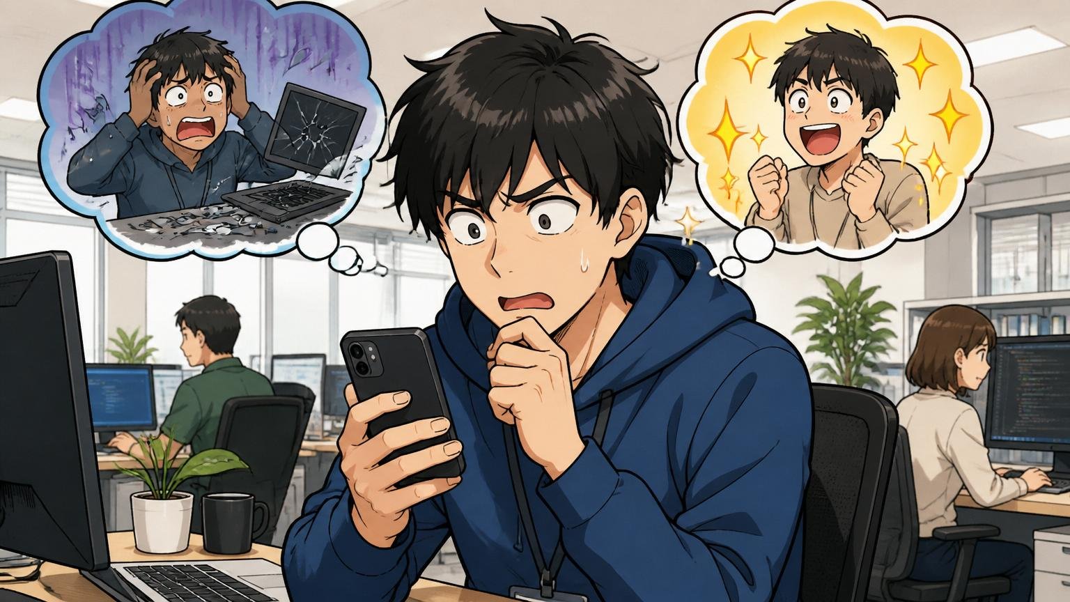 「やばい」の二つの意味に戸惑う若手エンジニア。Web系企業のオフィスで一人、スマホ画面を見て困惑した表情