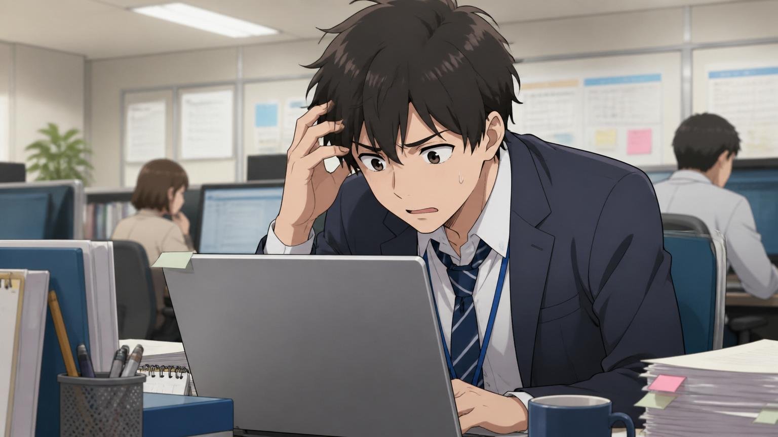 ネガティブ寄りの「やばい」を不安そうに調べる若手 SIerのオフィスで一人 暗い表情でPCを覗き込む
