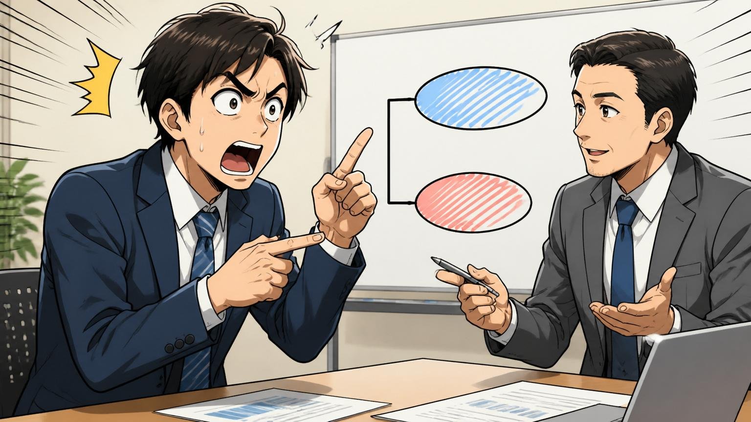 企業の会議室で2つの意味を指で示し驚く20代後半男性社員と落ち着いて説明する40代男性