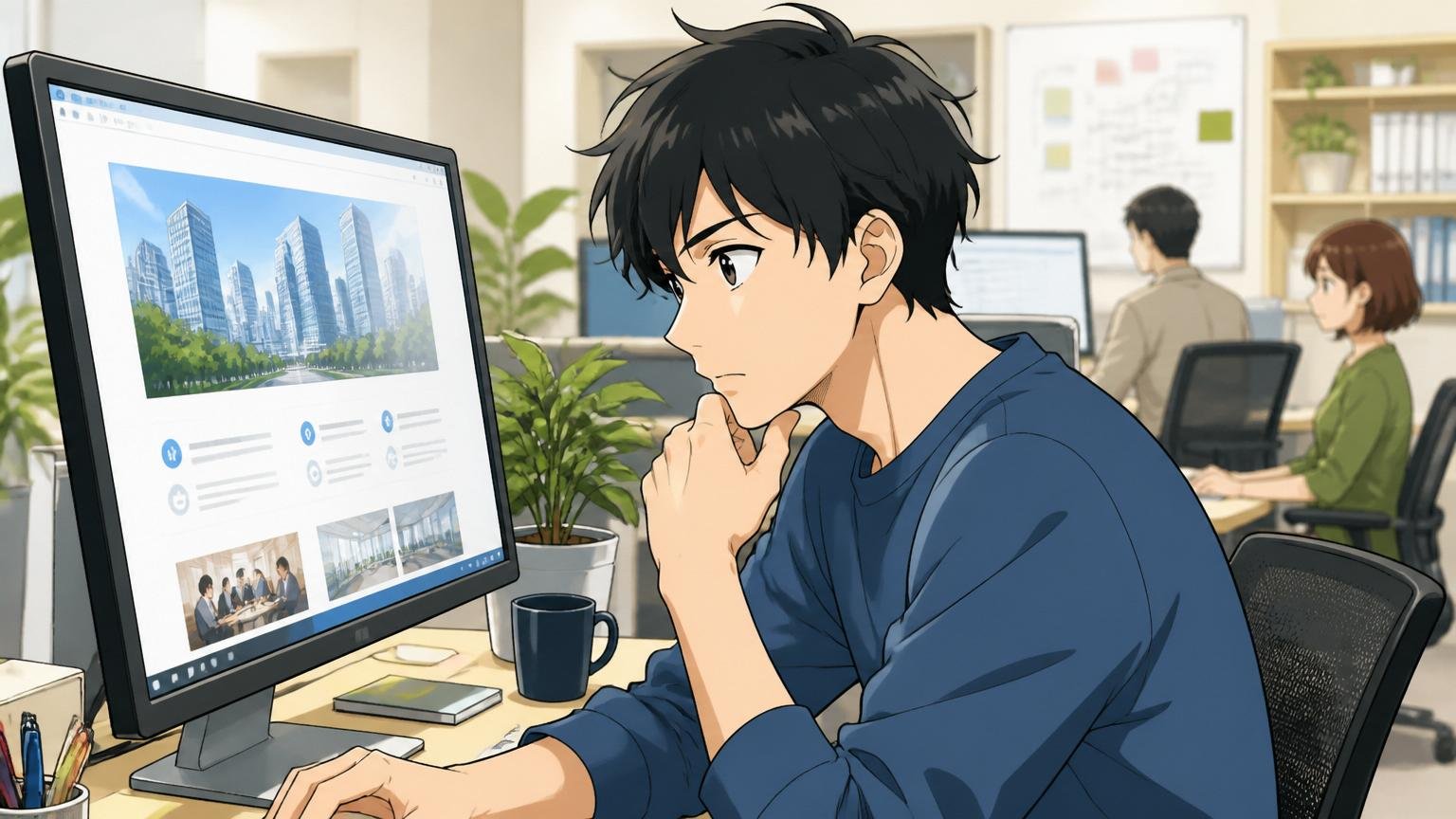 会社概要を調べる。Web系ベンチャーのオフィスで20代の男性社員がPC画面の会社情報を真剣に確認する