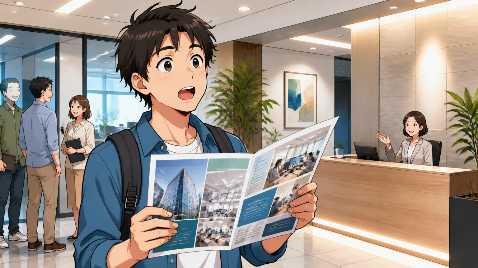 オープンアップITエンジニアとはどんな会社か。IT企業のオフィス受付で20代男性が会社案内を見上げて感心する表情