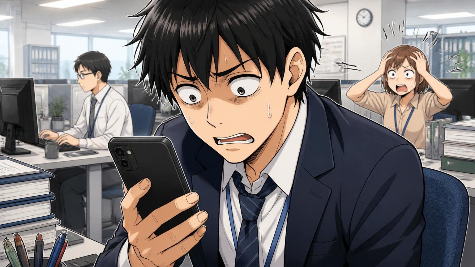 在籍中の若手中堅が「やばい」と検索する SIerのオフィスで20代男性がスマホ画面を見つめる