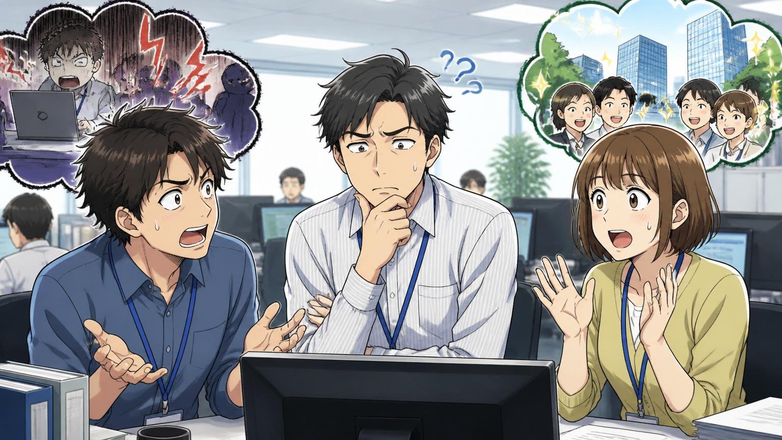 SCSKは「やばい」「ホワイト」両方の声がある会社。SIerオフィスでパソコン画面を見ながら賛否で意見が割れる若手と中堅エンジニア3名の困惑表情