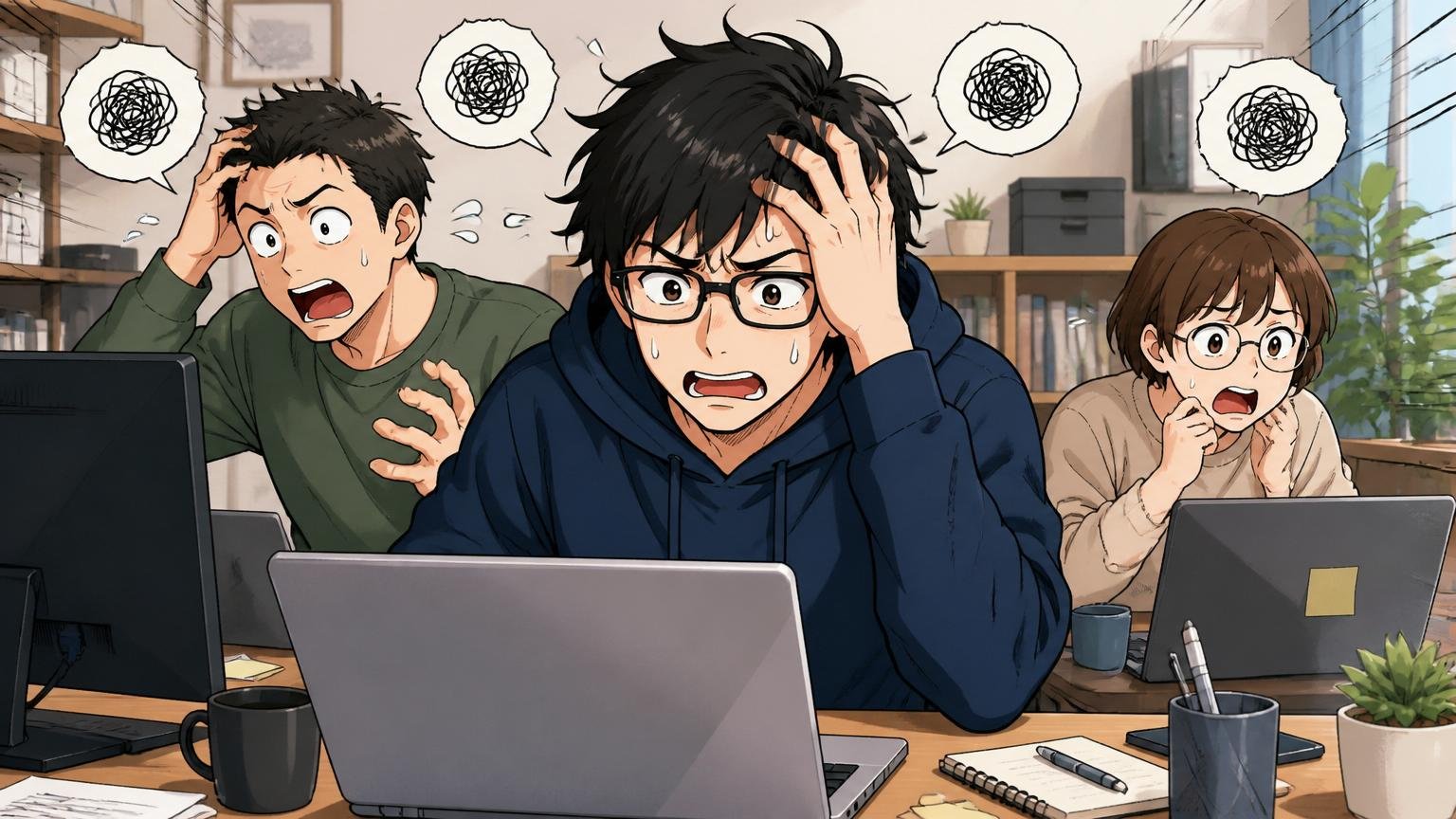 「やばい」の検索動機は3パターン、自宅のデスクで在宅勤務、エンジニア3人、悩んでいる表情