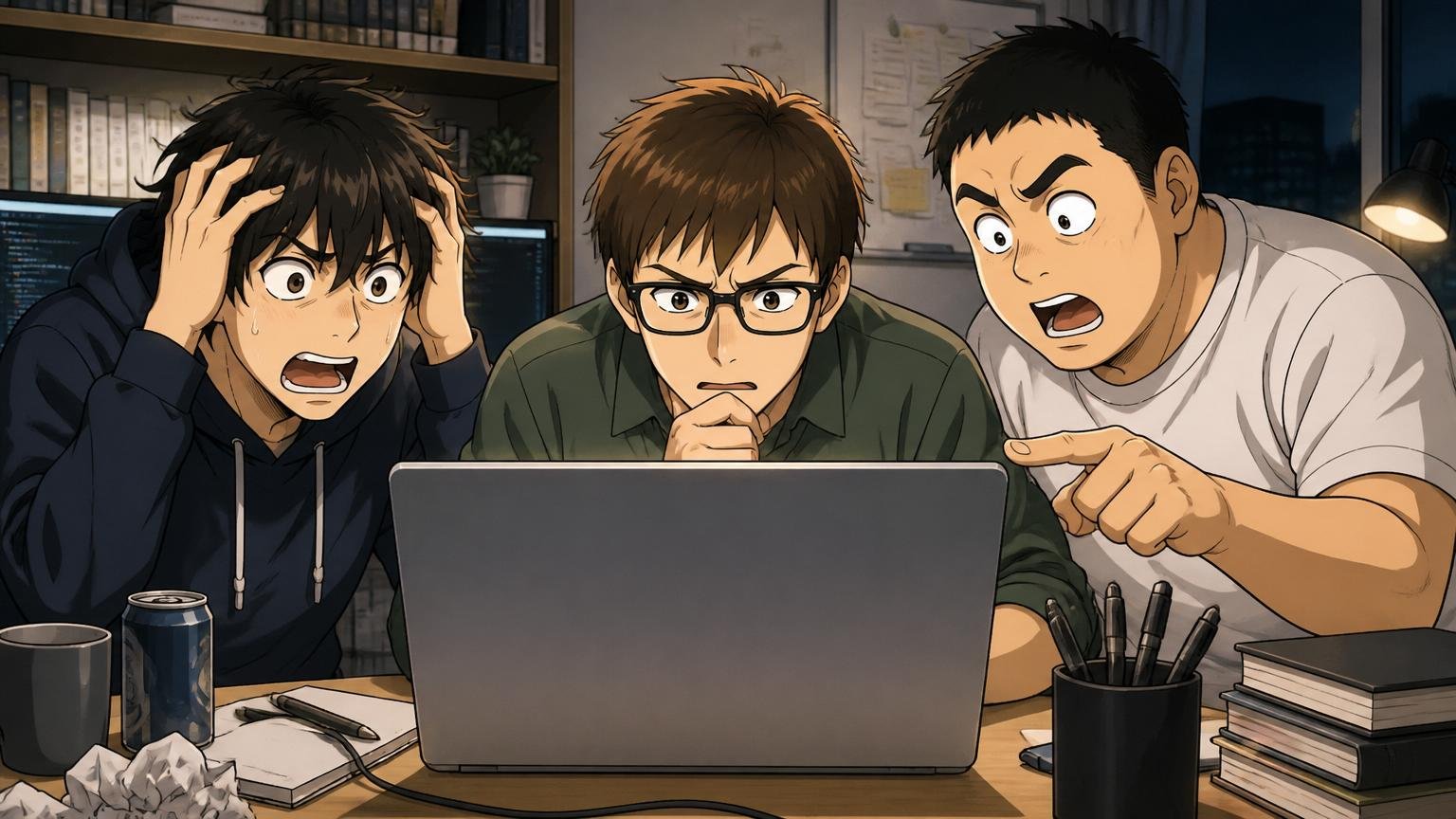 深夜の自宅デスクでノートPCを覗き込む20〜30代エンジニア3人がそれぞれ違う表情で検索画面を見つめる