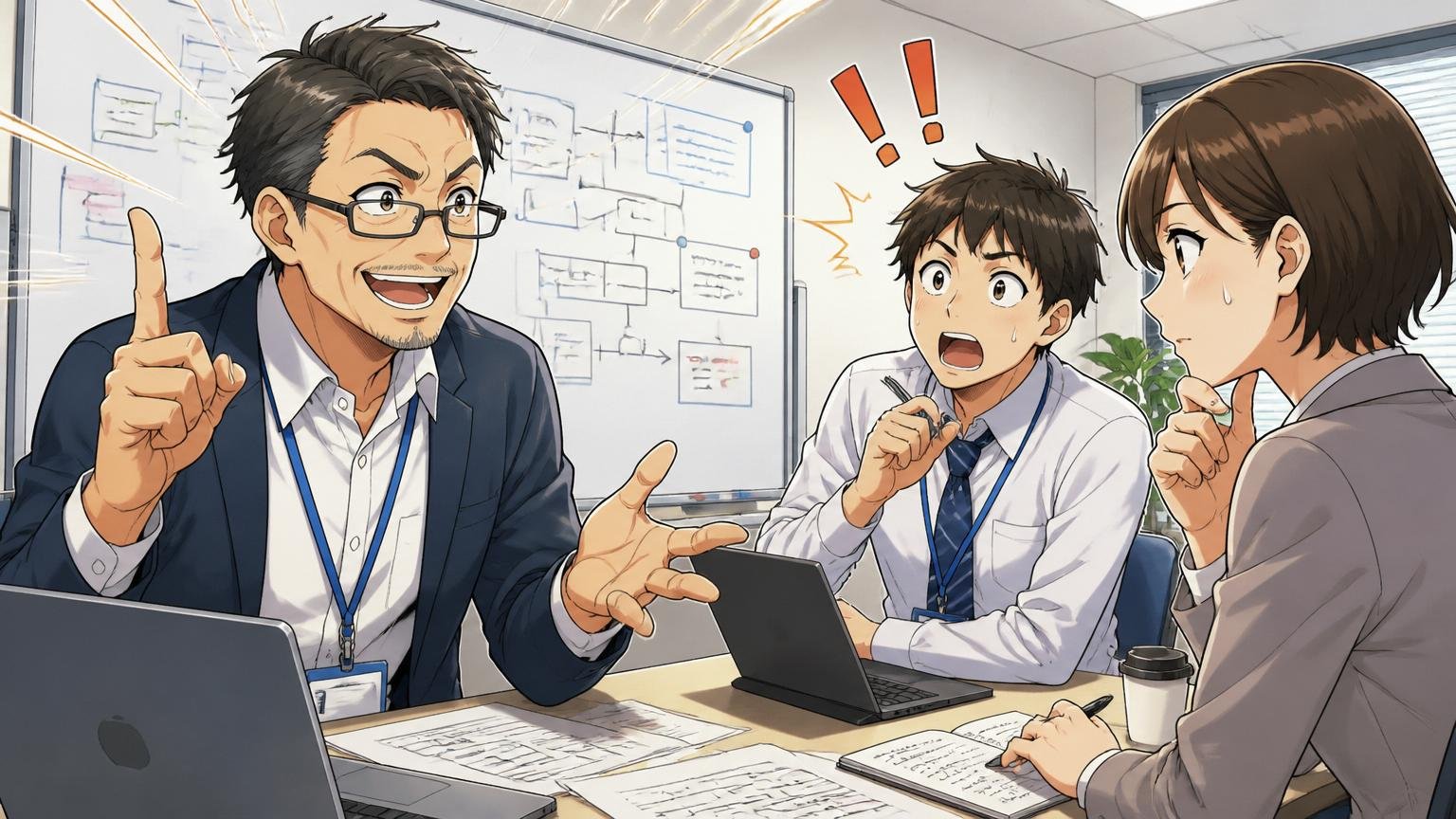 オフィスで「やばさは人による」と説明するベテランエンジニアと驚く若手, SIerの会議室で3名の社員が真剣な表情で話し合う
