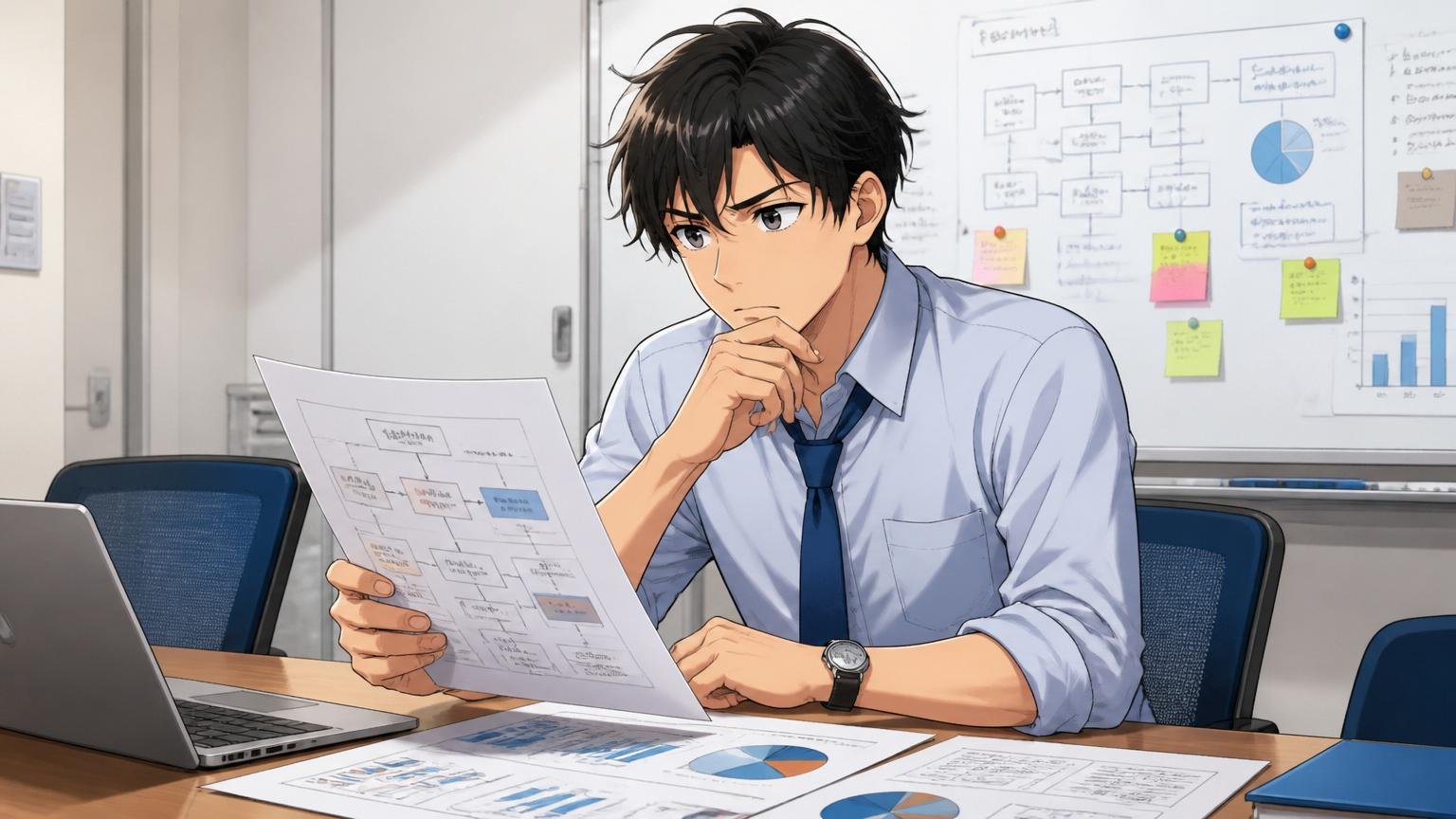 結論「会社がやばいのではなく、あなたとの相性が決まる」。SIerの会議室で30代エンジニアが資料を見ながら自分のキャリアを考えるシーン