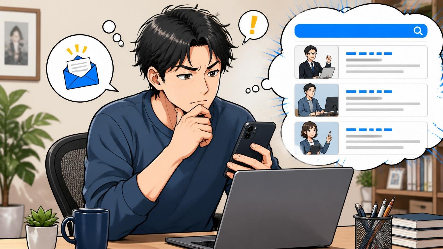 スカウトメールを見て検索を始めるエンジニア。自宅のデスクで在宅勤務、30代男性1人がスマホ片手に思案顔