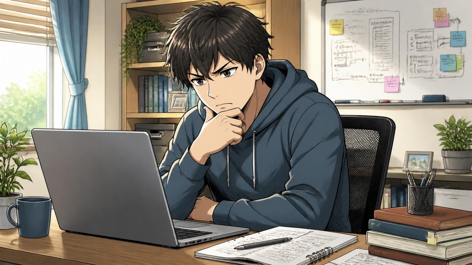 自宅のデスクで在宅勤務する30代エンジニアがノートPCの前で考え込む表情