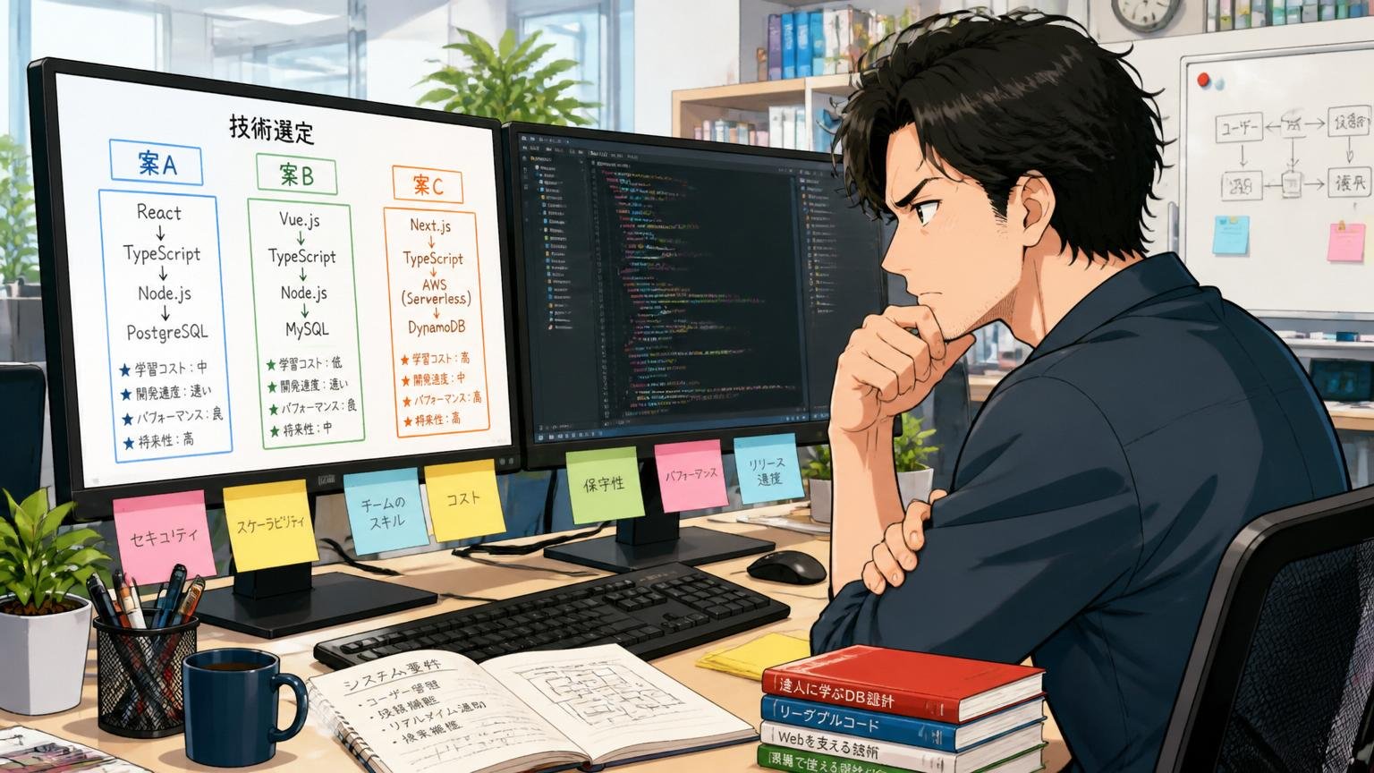 Web系IT企業のオフィスでデュアルディスプレイを前に技術選定をする30代エンジニア1人