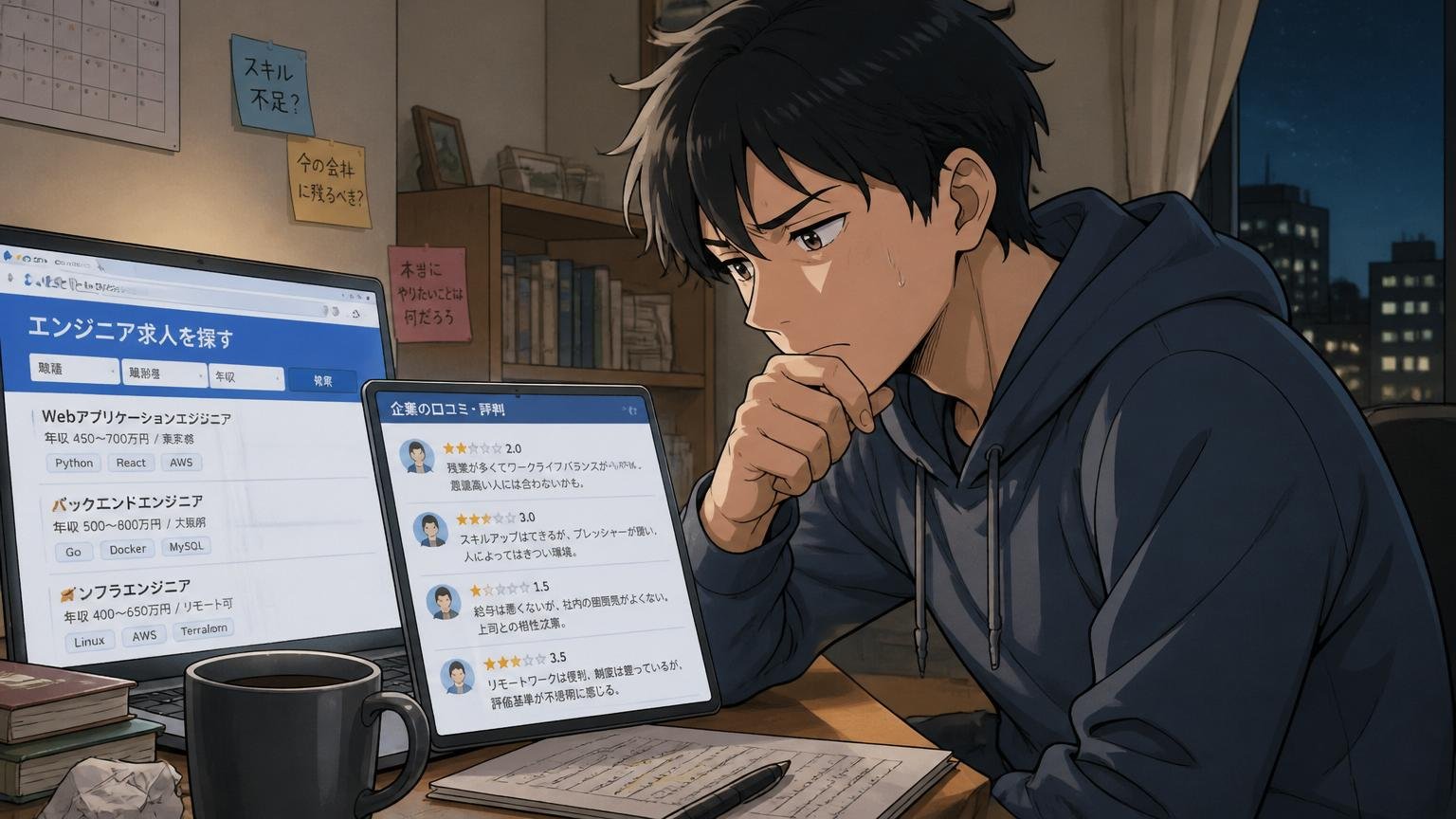 自宅のデスクで深夜に転職サイトと口コミ画面を見つめる20代後半男性エンジニアが不安そうな表情で考え込む様子