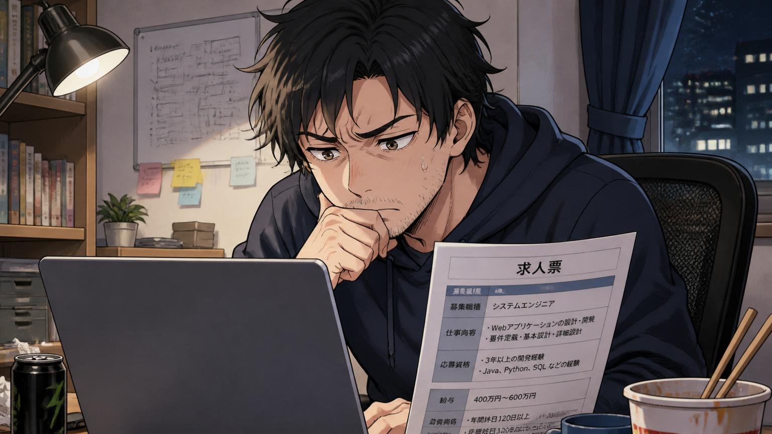自宅のデスクで在宅勤務・夜中のノートPC前で求人票を見つめる30代エンジニア・1人