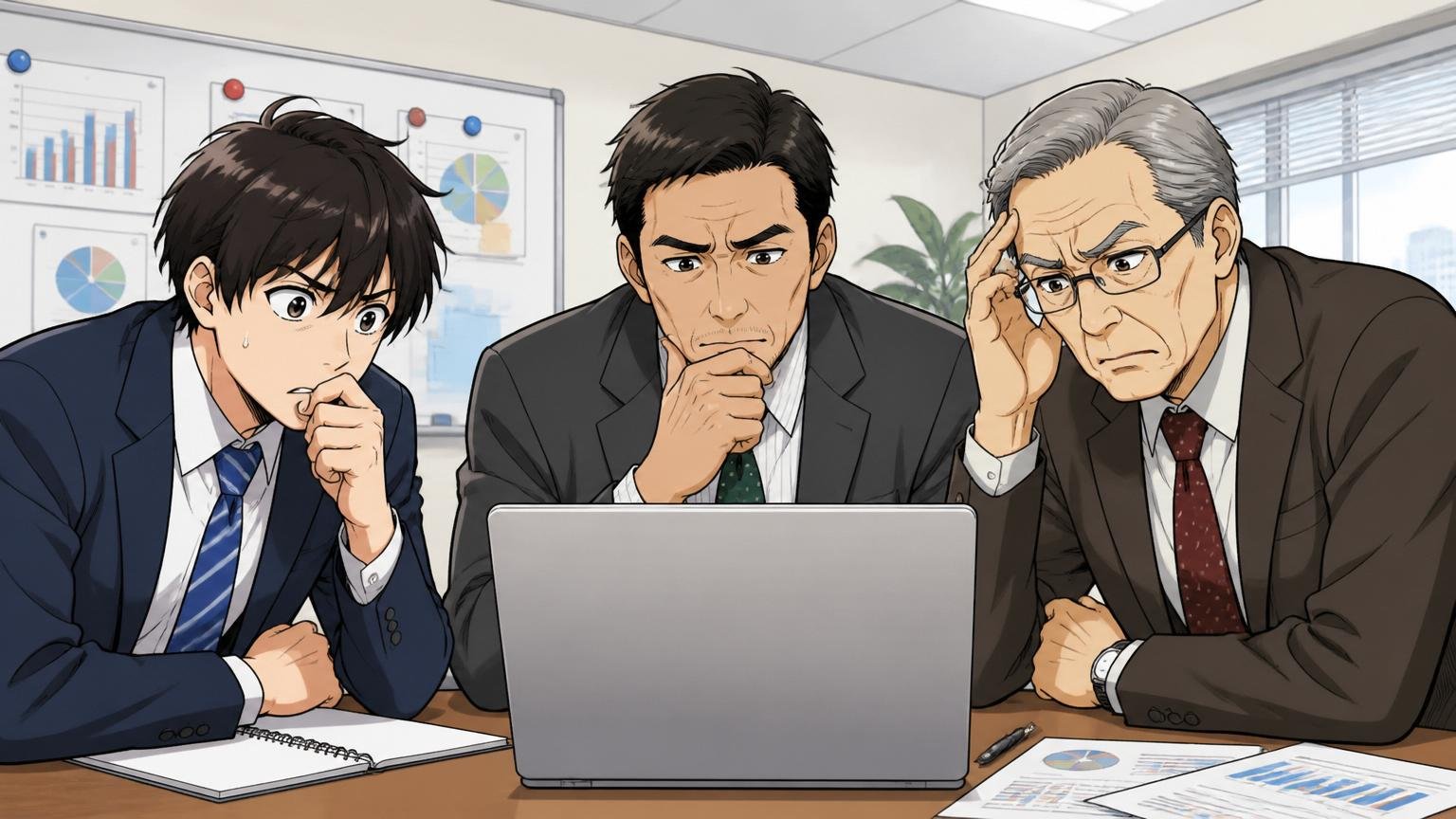 企業の会議室でノートPCを見つめる若手・中堅・ベテランの3人、それぞれ違う表情で考え込む