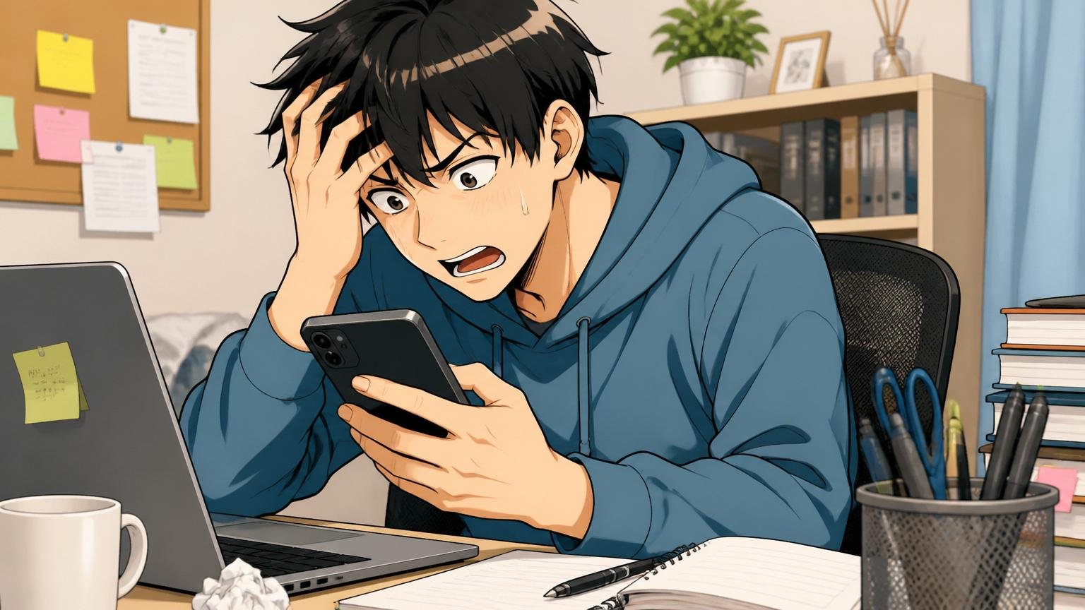 「やばい」と検索される人が知りたい本当の答え。場所=自宅のデスクで在宅勤務。登場人物=1人の若手エンジニア。動作=スマホで検索しながら困った表情