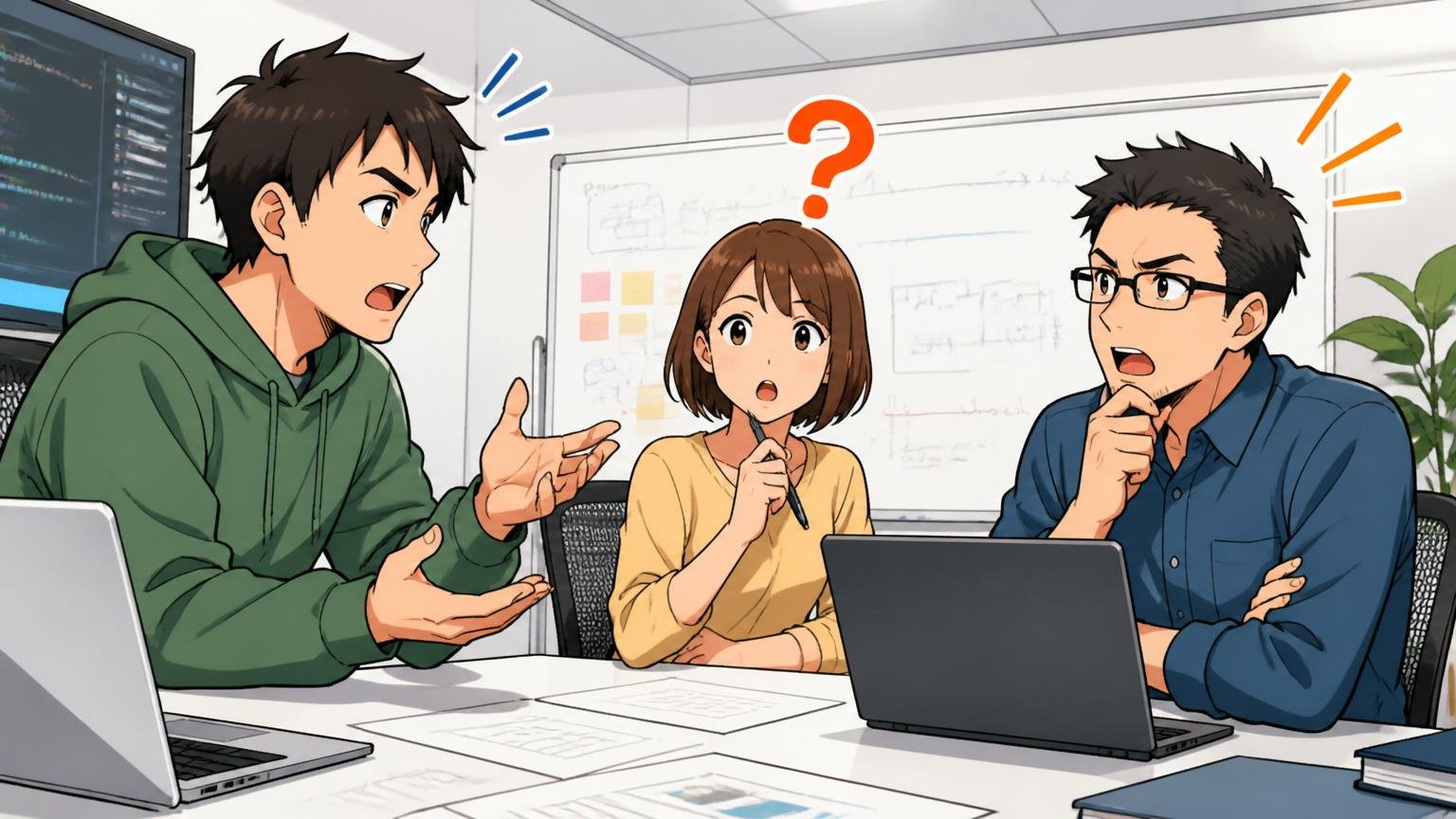 企業の会議室で複数のエンジニアが議論している様子で疑問を投げかける表情の男女3人