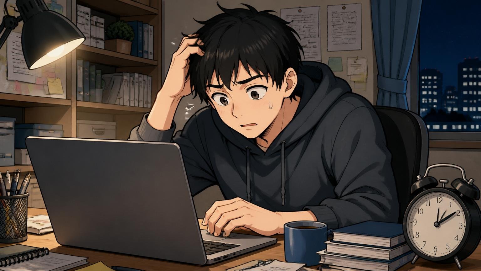 自宅のデスクで深夜にノートPCで企業情報を調べる若手エンジニアが不安そうな表情で画面を見ている