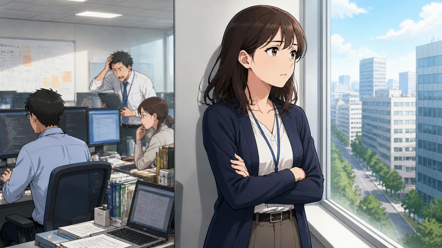 将来のキャリア不安を抱える中堅エンジニア、SIerの開発現場のオフィスで腕を組み窓の外を見つめる30代女性1人