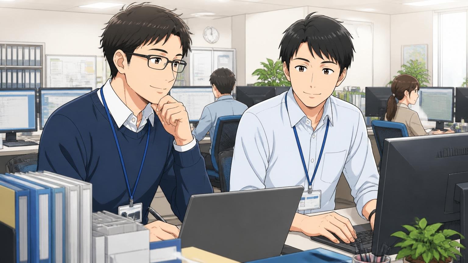 逆に「ホワイト」と感じる人の特徴。公共系SIerのオフィスで穏やかに働く中堅エンジニア2人が落ち着いた表情