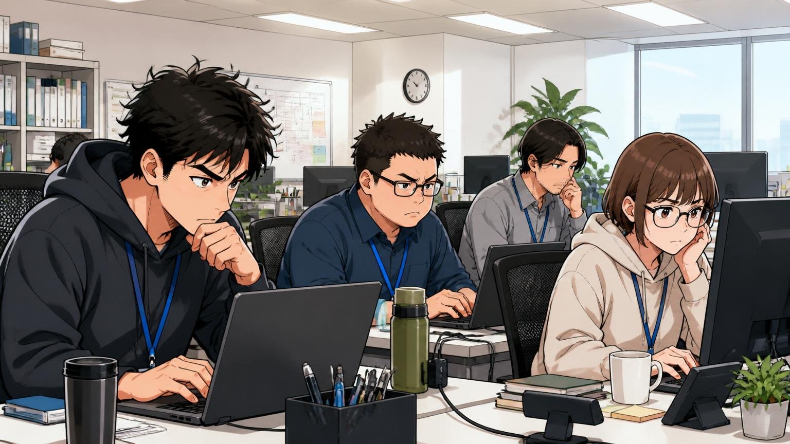 企業のオフィスフロアで複数のエンジニアがデスクに向かう様子、4人が真剣な表情でPC作業