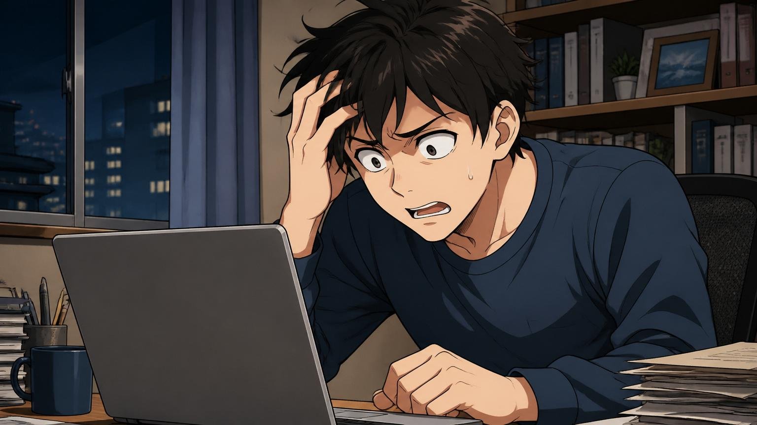 スカイウイル やばいと検索する背景、自宅のデスクで在宅勤務の20代男性、深夜にノートPCで口コミサイトを眺め、不安げな表情