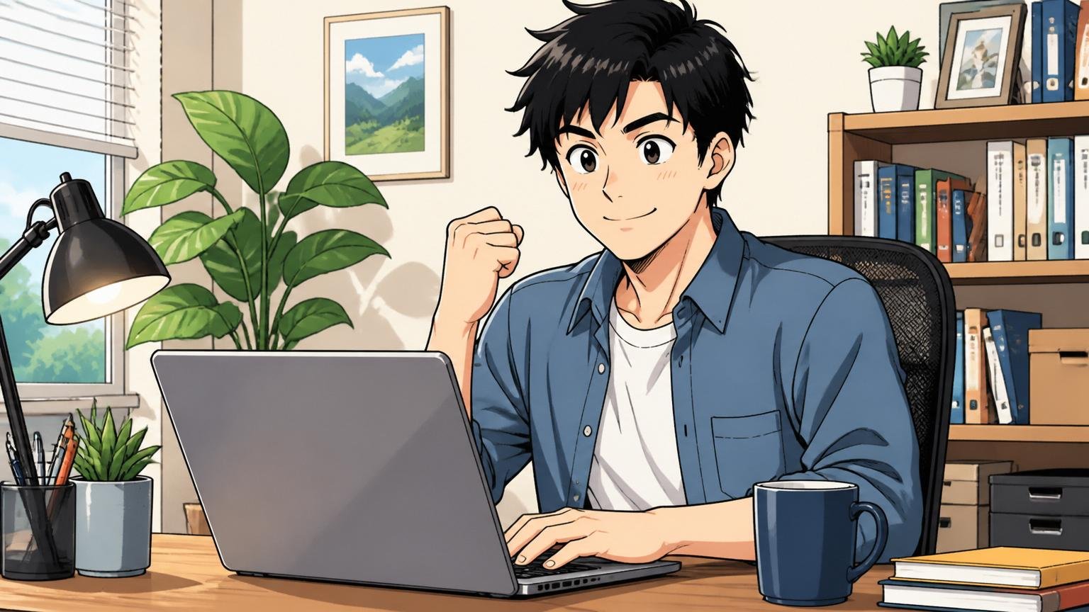 この記事を読んだあとに見える景色 自宅のデスクで在宅勤務 30代男性1人 ノートPCに向かって安心した表情