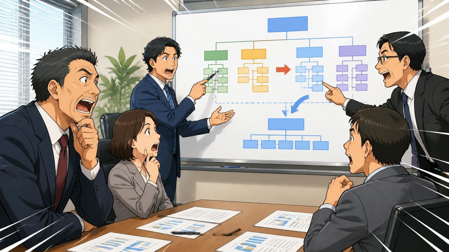NECグループ内での立ち位置と2026年4月の事業再編。大手SIerの本社会議室で経営層と中堅マネージャーがホワイトボード前で組織図を指して説明する