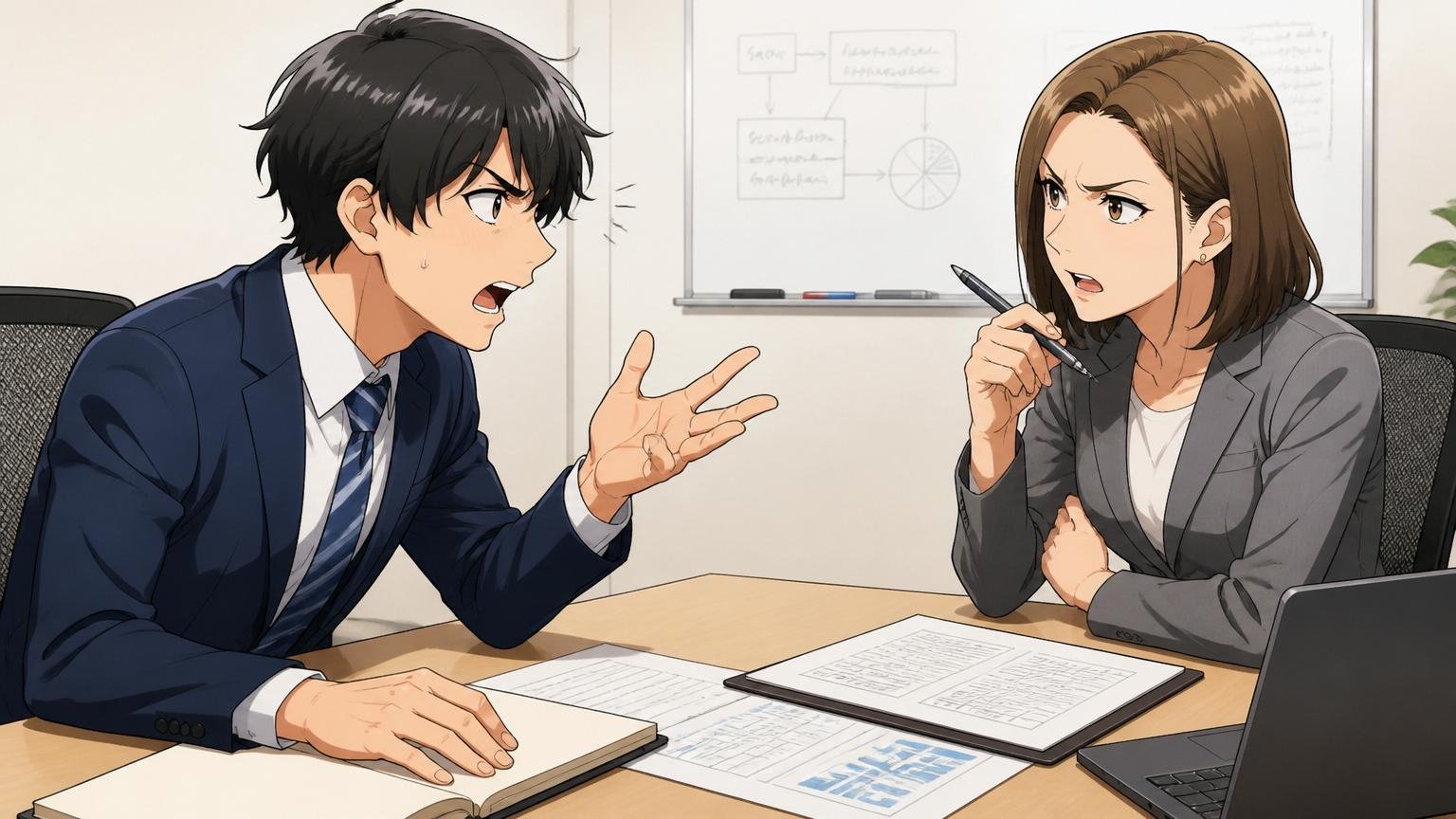 評価面談で納得できない若手エンジニア/SIerの会議室/30代男女2人/眉間にしわを寄せて議論する