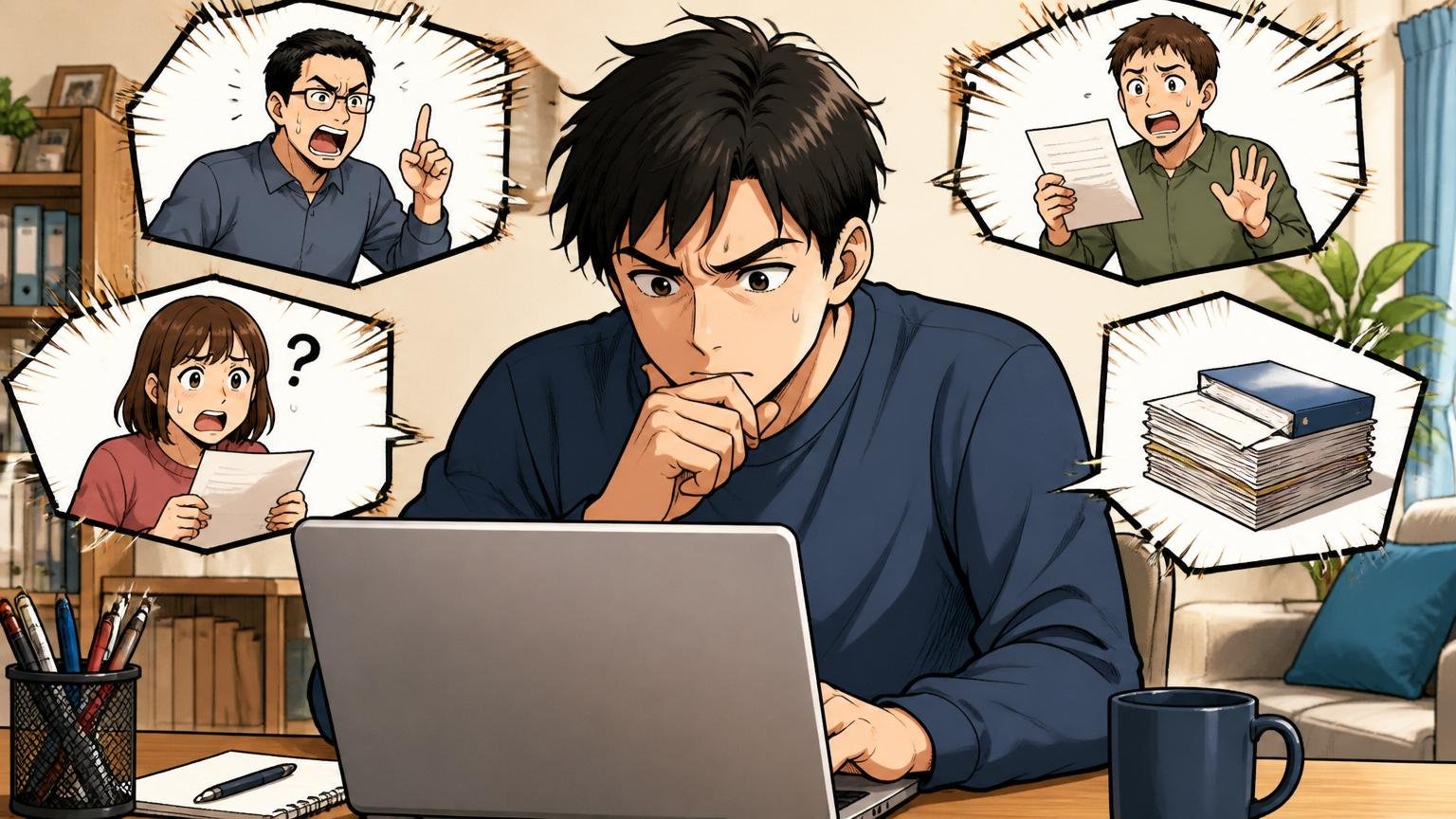「やばい」は判断材料を求めるサイン｜在宅勤務の男性が真剣な表情でPCを見る