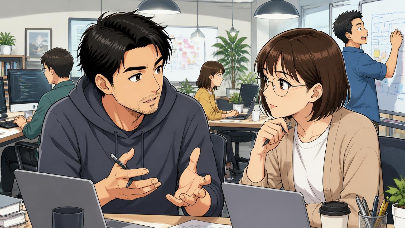 Web系スタートアップのオフィスで30代男女エンジニアが向き合って真剣に話し合いながら頷いている