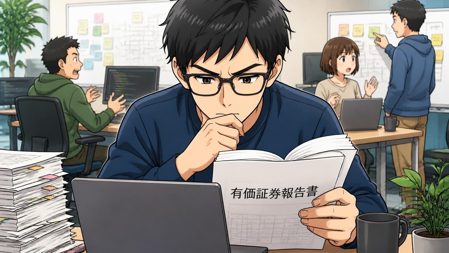 噂と一次情報を切り分ける重要性。Web系スタートアップのオフィスで、30代の男性ITエンジニアがノートPCで有価証券報告書を読み込み真剣な表情