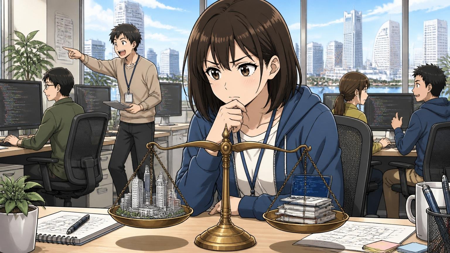 横浜のIT企業オフィスで天秤を見つめながら考え込む20代女性エンジニア1人