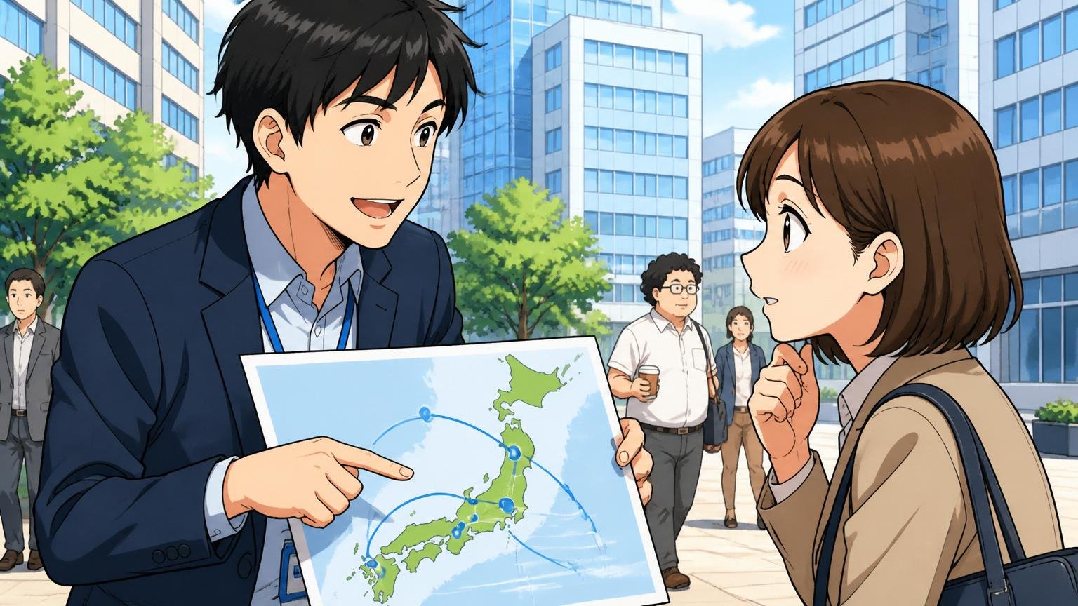 東京中央区のオフィスビルを背景に拠点マップを指差しながら説明する30代男性のIT人材担当者と聞き入る20代女性候補者