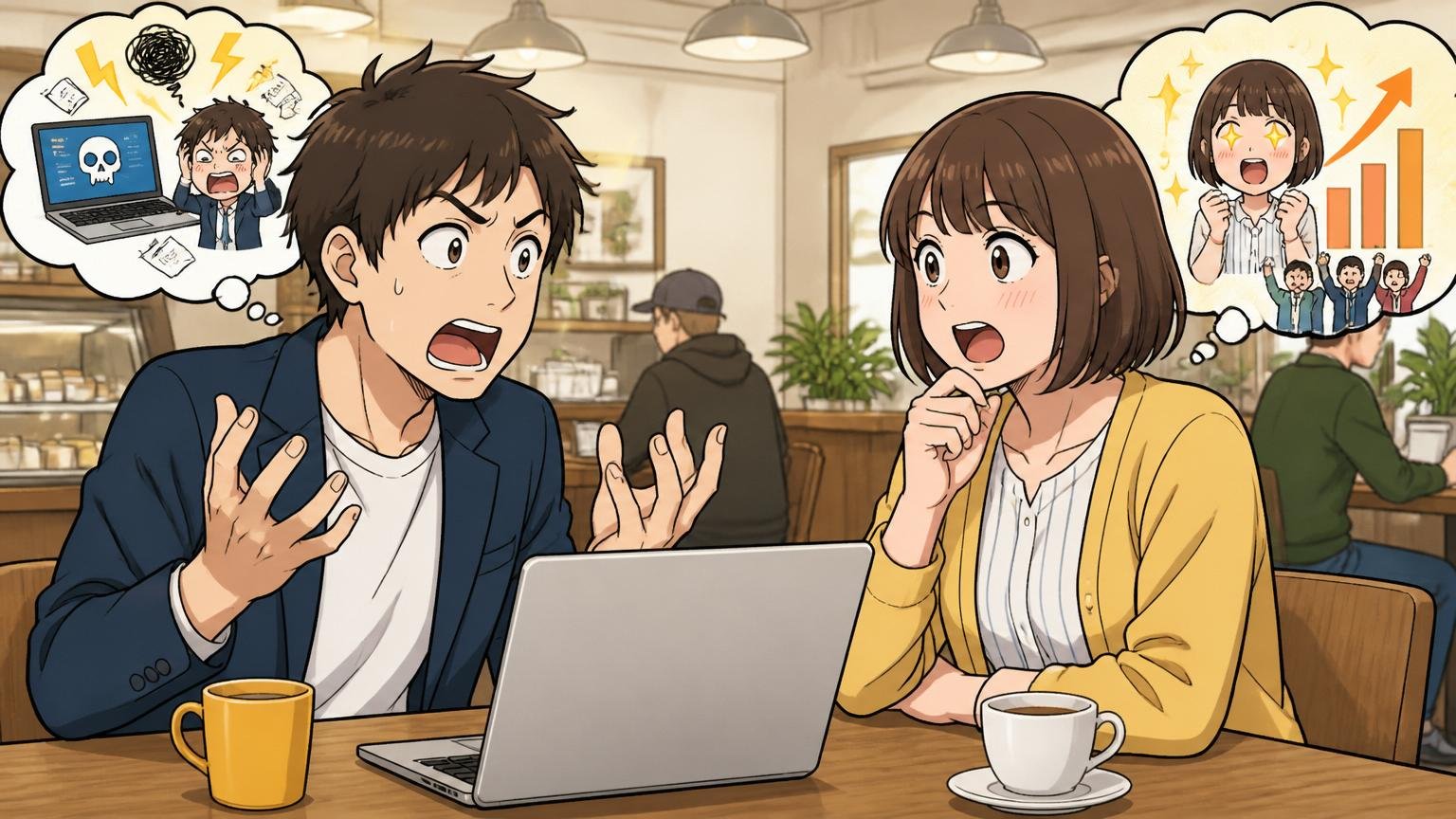 在籍者と応募検討者で「やばい」の意味が違う。カフェで2人がノートPCを前に話し合う