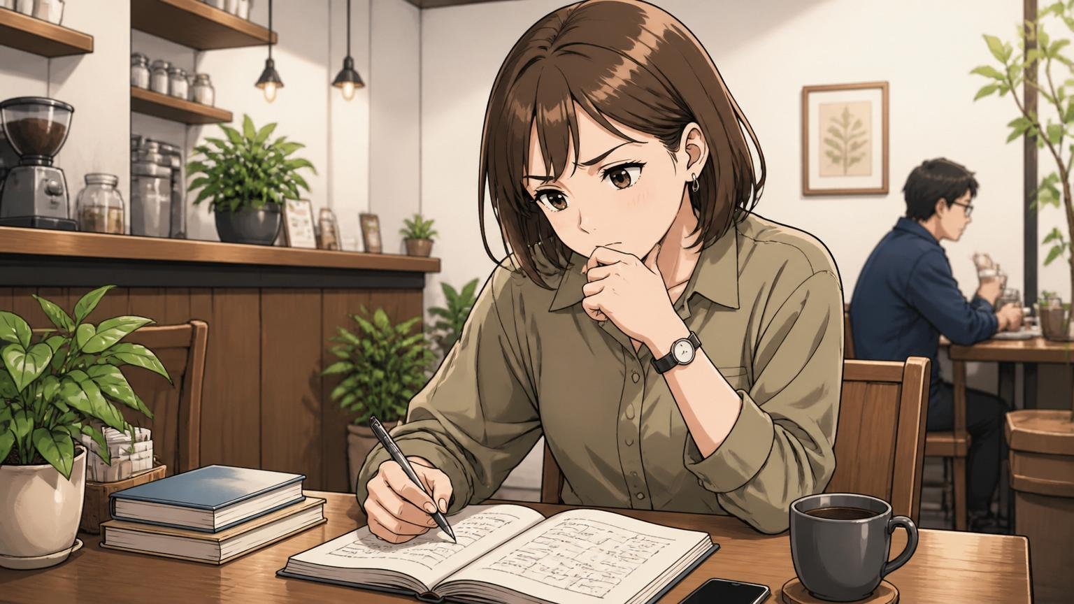 自分のキャリアについて深く考え込む30代エンジニア女性が静かなカフェのテーブルでノートを開き内省する場面