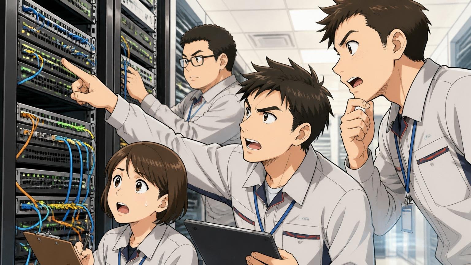 日立グループの大規模システム開発現場で複数のエンジニアがネットワーク機器のラックを点検している