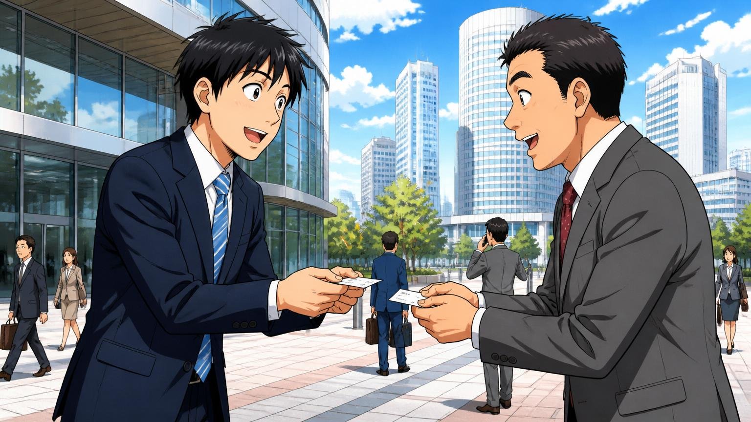 みなとみらいのオフィスビル前で名刺を交換するスーツの社員2人