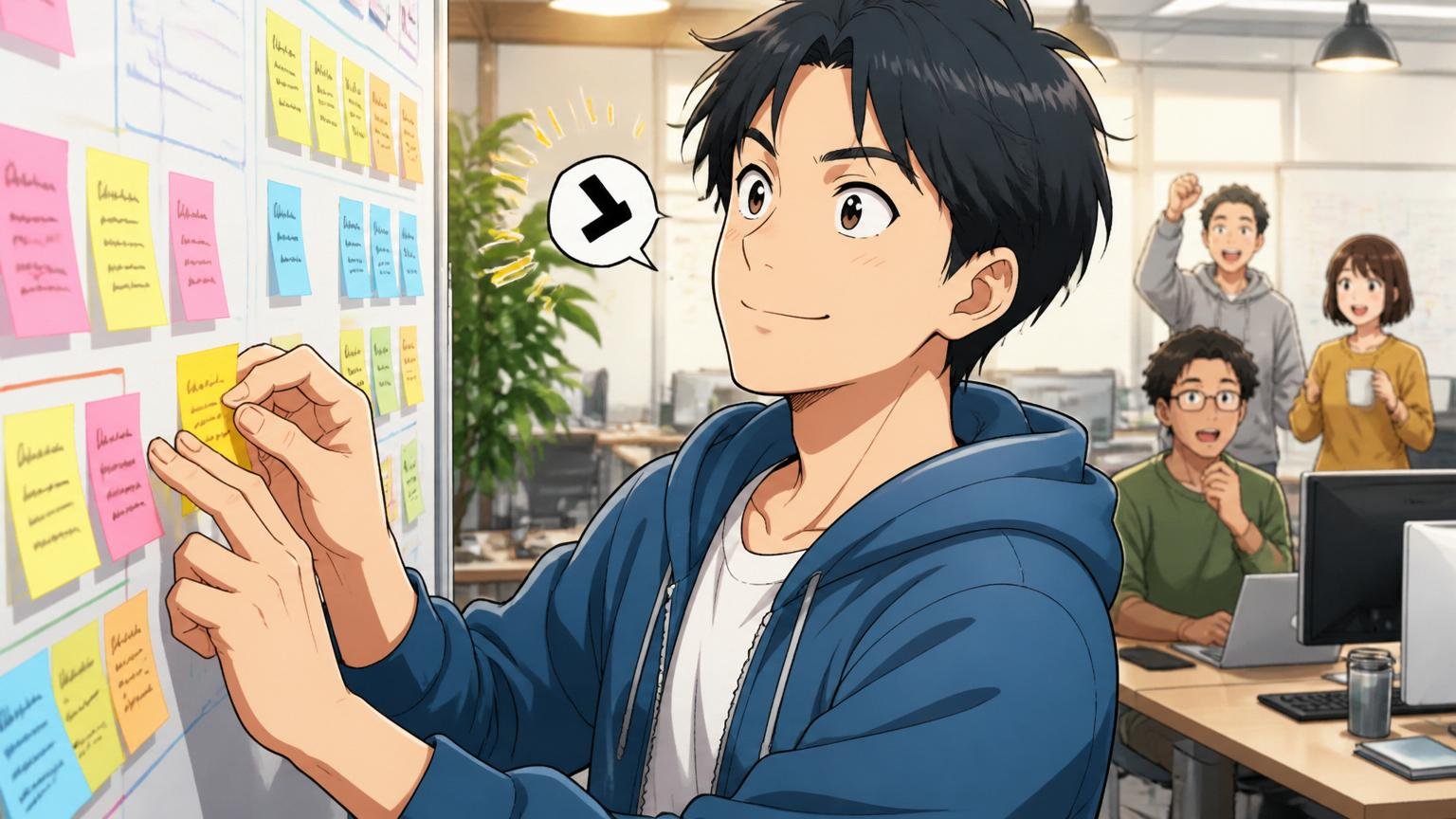 Web系スタートアップのオフィスで男性エンジニアが付箋を整理しながら自信を取り戻した表情で頷いている