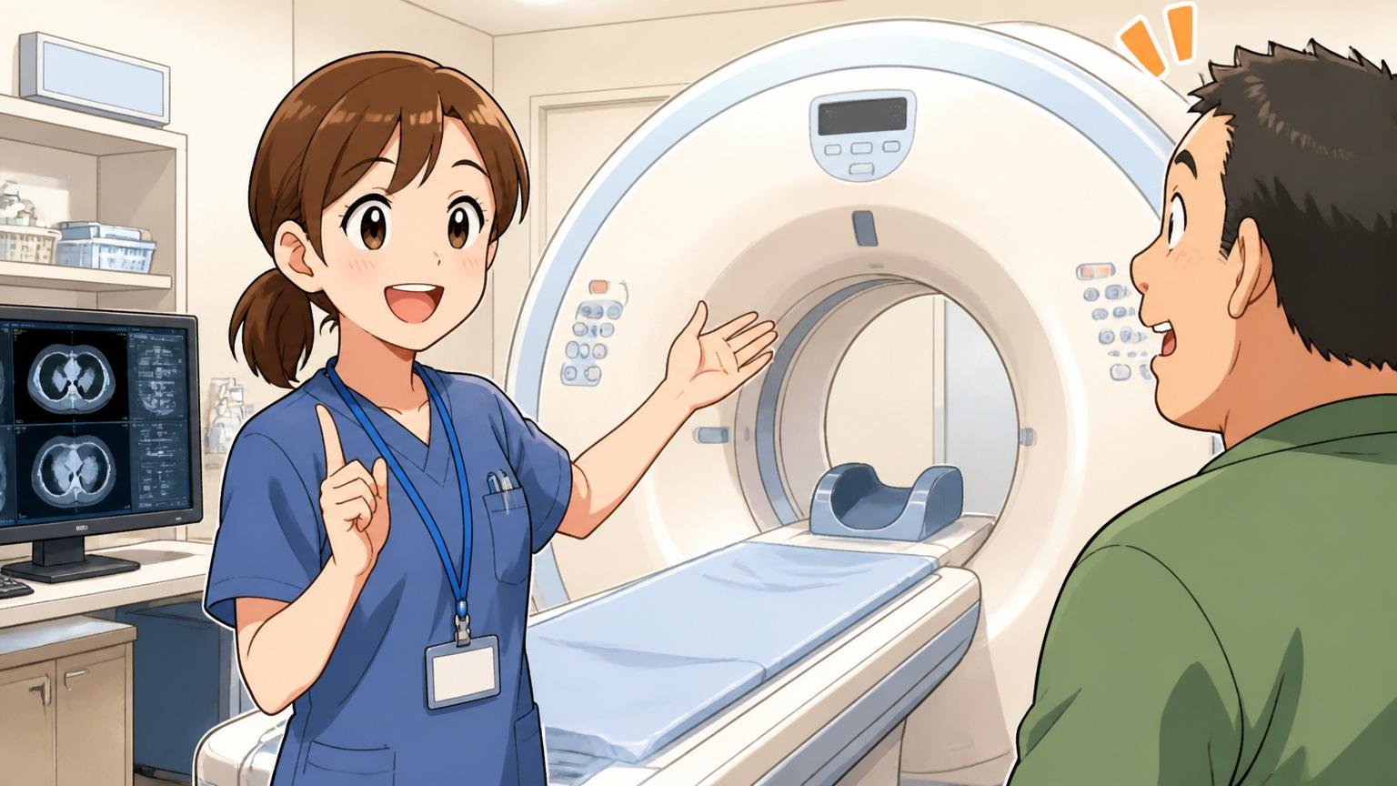 病院の検査室で医療画像診断装置の前に立つ女性技師が患者向けに装置の説明をする